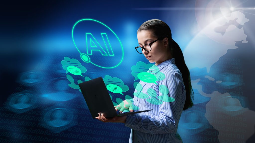 Young teenage female using laptop, ai, chatbot assistant. Youth, artificial intelligence, education, lifestyle leisure technology concept