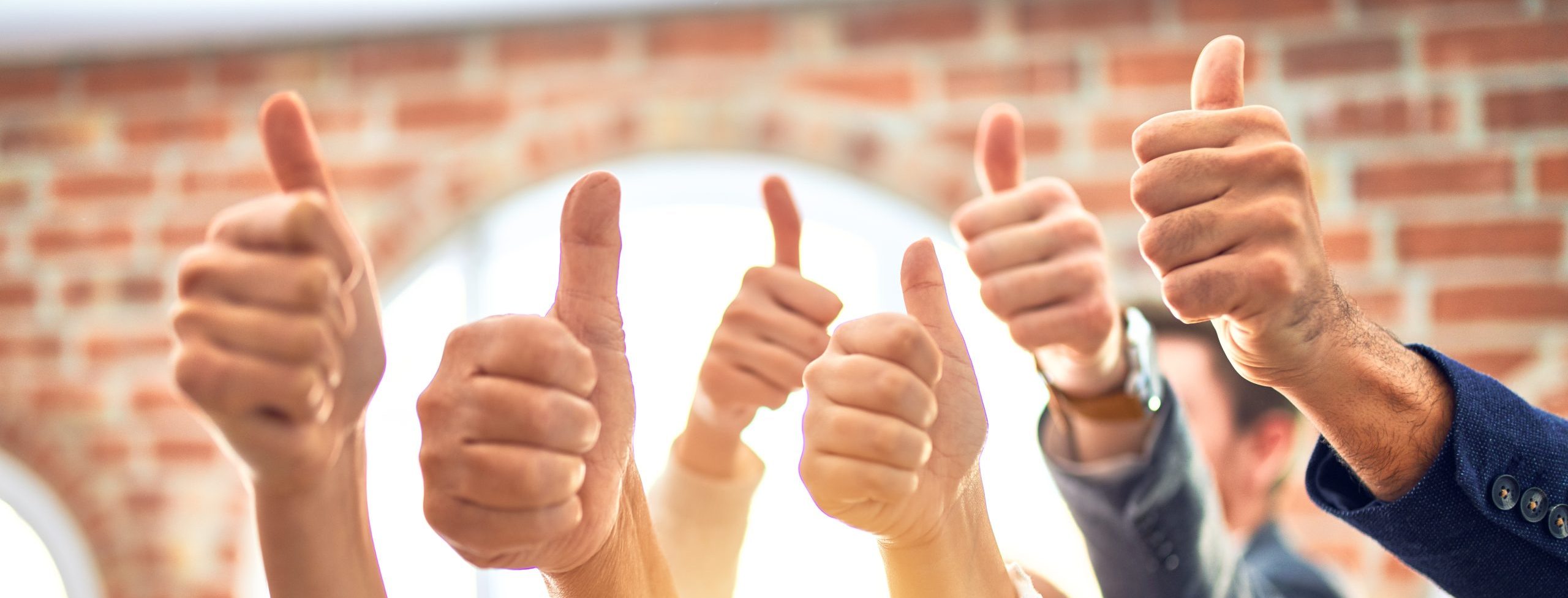 Group of business workers smiling happy. Standing with thumbs up at the office